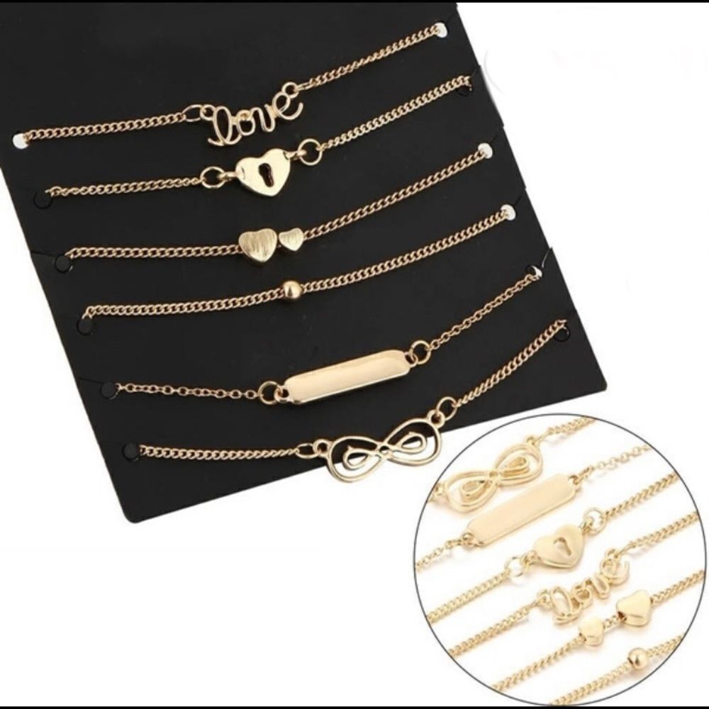 NEW Set of 6 gold bracelets / anklets heart, bar, Infiniti, lock, adjustable…